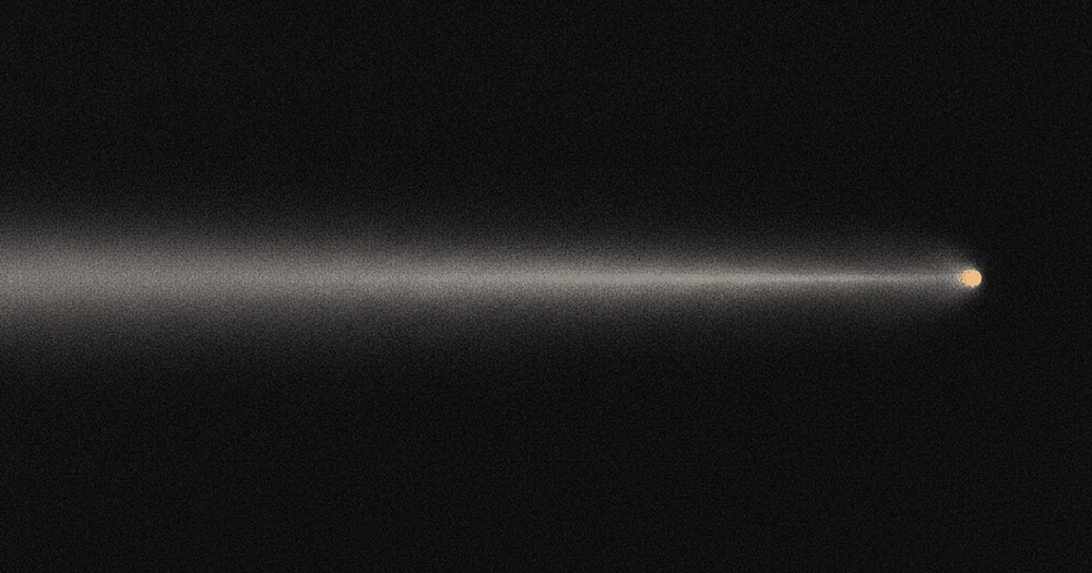 Abstract art: a dimming ember glowing softly at the end of a long fading light trail on a dark graphite field