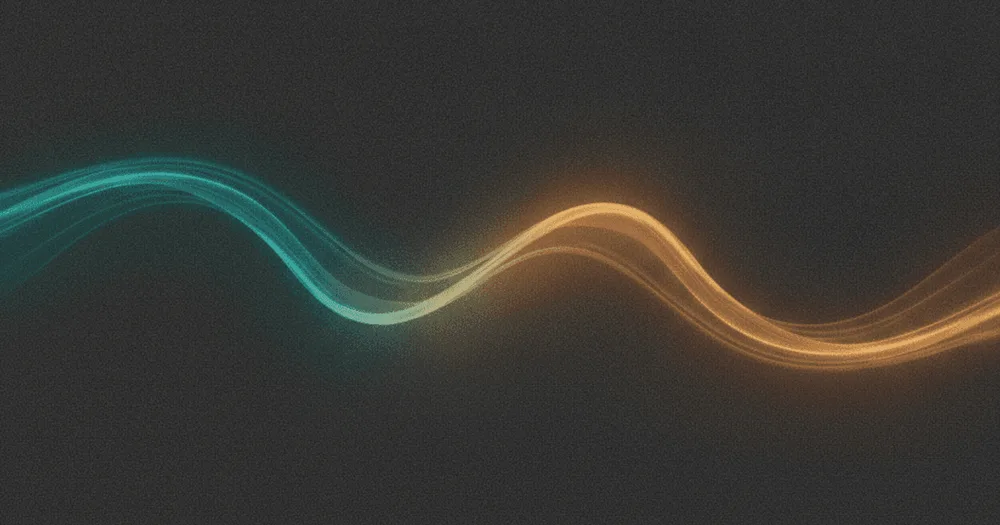 Abstract art: two distinct streams of light, one teal and one amber, meeting gently in the middle of a dark graphite field