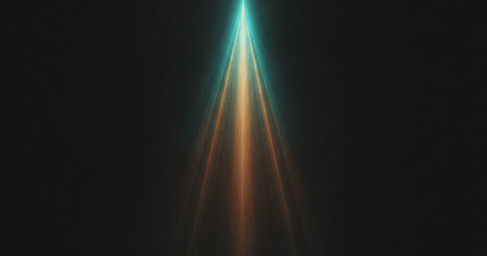 Abstract art: one deep, narrow funnel of teal-amber light cutting through a dark graphite field